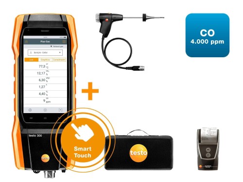 Analizator spalin testo 300 (4.000 ppm) - zestaw z drukarką Bluetooth + detektor Senco CO