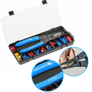 Szczypce do zaciskania końcówek ze ściągaczem izolacji HOGERT + konektory 86szt.