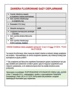 Etykieta, naklejka na urządzenia zawierające F-gazy (gazy cieplarniane) 
